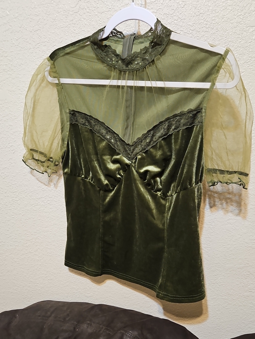 Sheer Mock-Neck Velvet Top in Olive Green